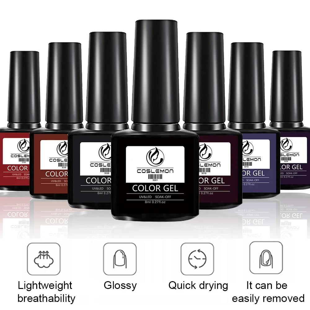 COSLEMON 8ml Dark Color Nail Gel Semi Permanent Gel Polish UV LED Polygel Nail Gel Varnish Soak Off Nail Art Gel Nail Polish