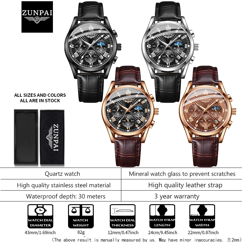 ZUNPAI Original Watch for Men TOP Brand Waterproof Sports Leather Chronograph 2022 New Fashion Luxury Wristwatches