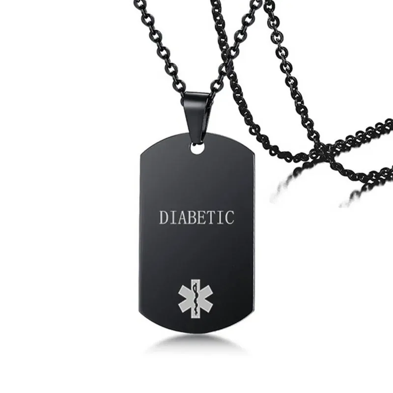 Czarny wisiorek z nieśmiertelnikiem Naszyjnik z identyfikatorem alertu medycznego dla mężczyzn Kobieta Biżuteria ze stali nierdzewnej Emergency SOS Diabetic Jewelry 24Inch