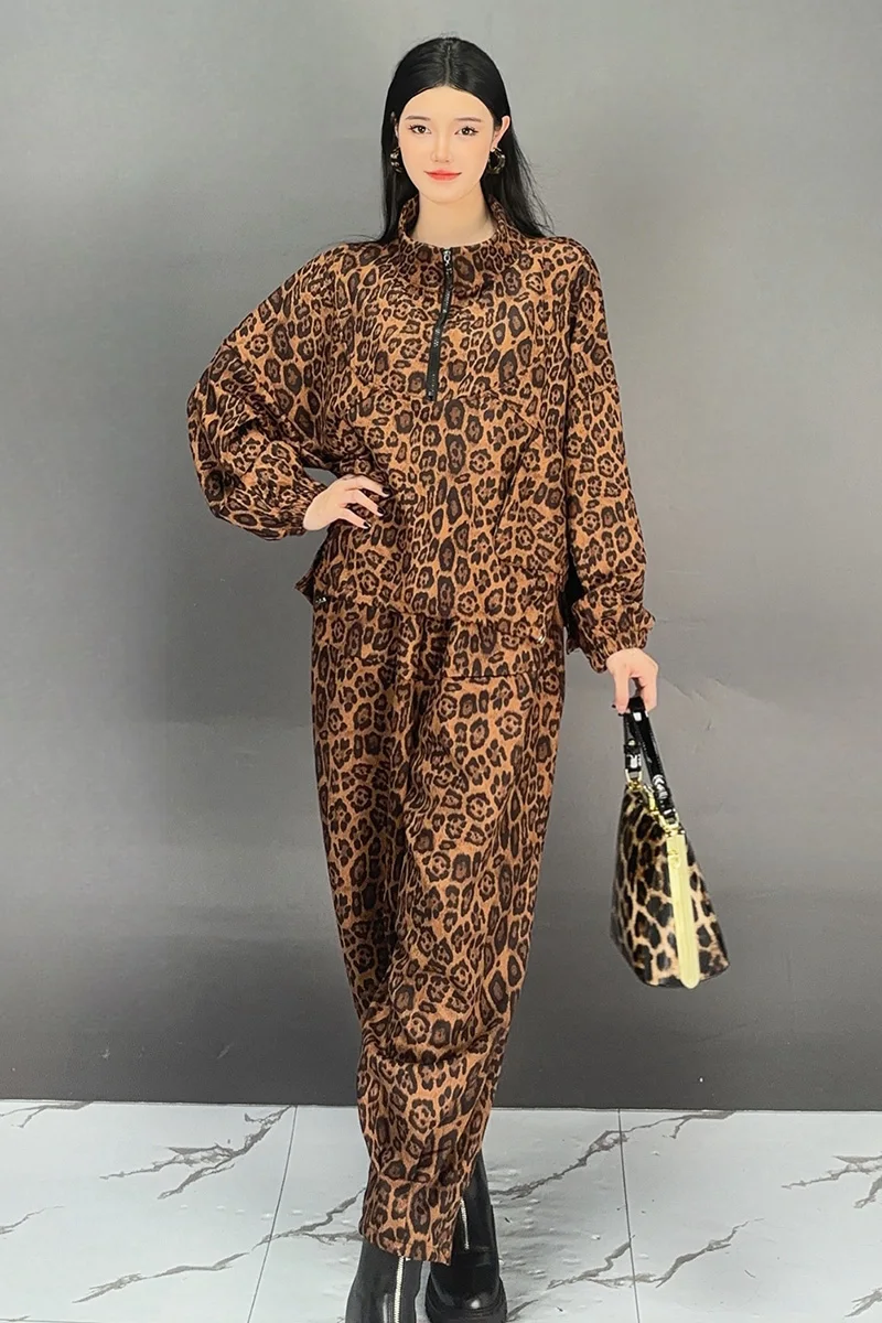 2024 Autumn New Trendy Leopard Pattern Set Long Sleeve Jacket Casual Half Open Collar Loose Printed Pants Two Piece Set J465