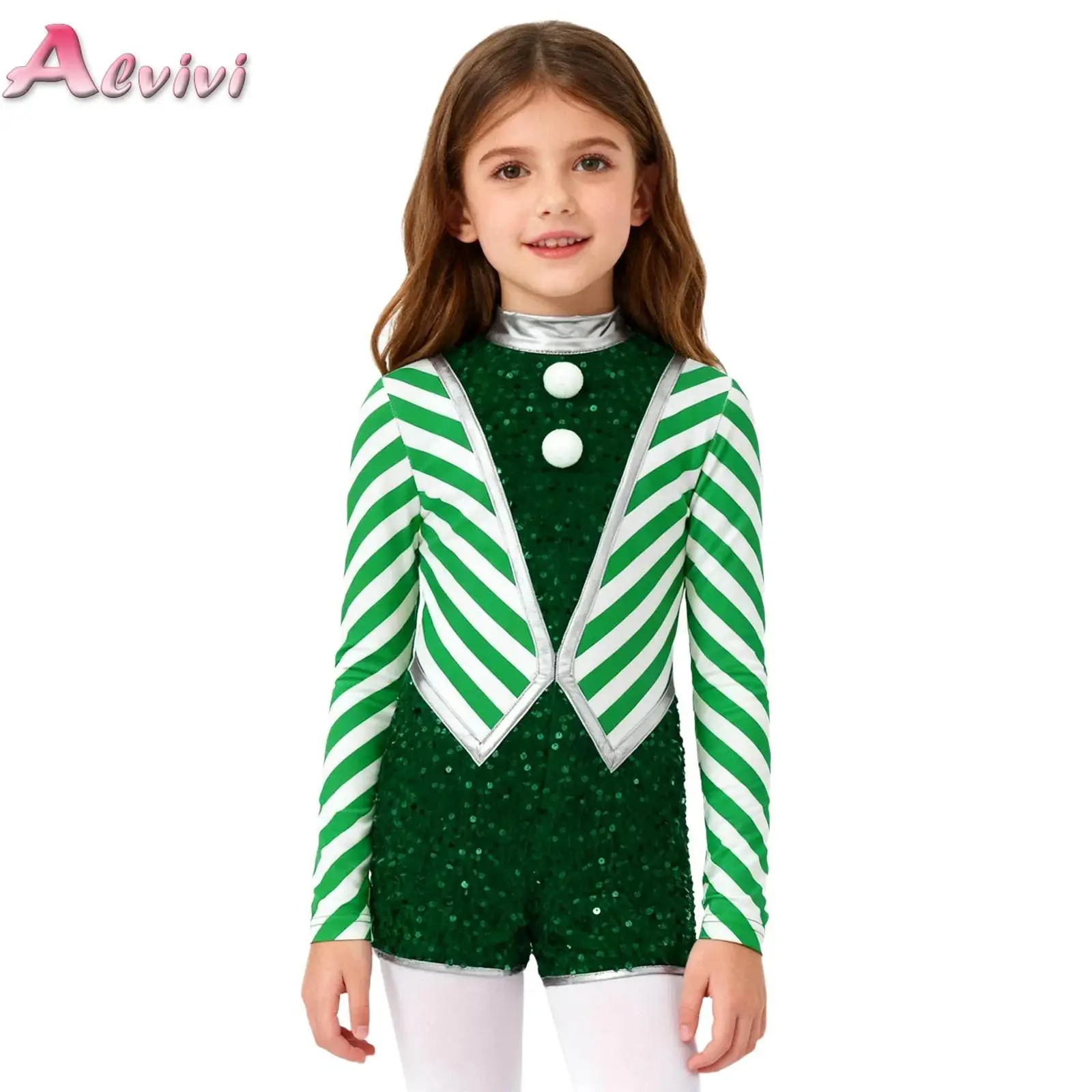 

Kids Girls Christmas Santa Claus Costume Long Sleeve Stripes Sequins Pompoms Jumpsuit Holiday Party Candy Cane Cosplay Costume