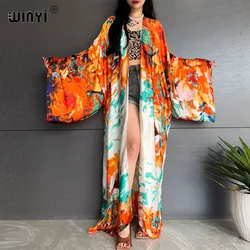 WINYI letnie artystyczny nadruk kostium kąpielowy Bikini eleganckie modne kardigan kimono seksowna jedwabna luźna sukienka z długim rękawem