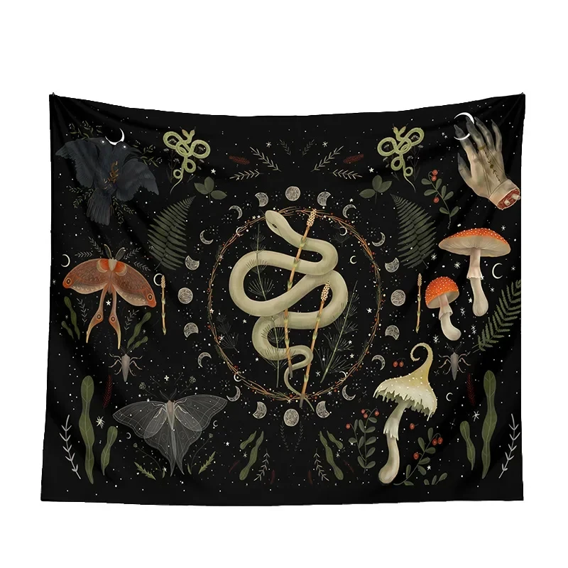 VIKAMA Dark Forest Moon Tapestry Large Moth Crescent Stars Wild Flower Design Lightweight Washable Aesthetic Wall Hanging
