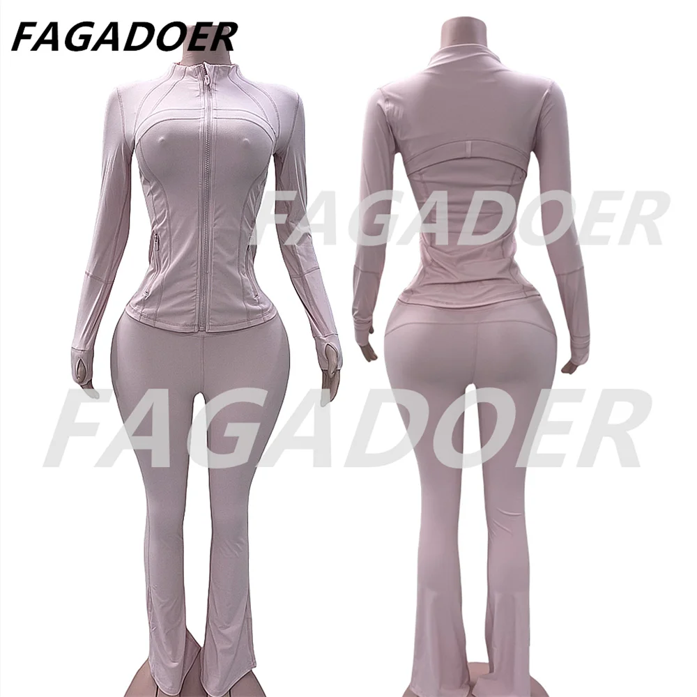 FAGADOER Casual Solid 2 Piece Set Outfit Women Long Sleeves Jacket and High Waist Flare Pants Sports Suits Autumn Winter New