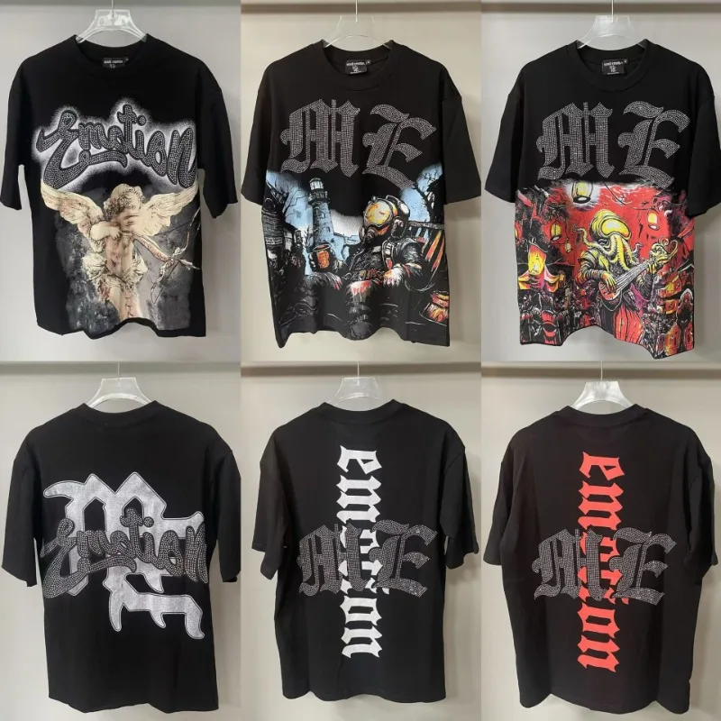 

FW25 Brand Mixed EMOTION Men's Short Sleeve Luxury Design Hot Diamond Retro Loose T-shirt Full Print Men's Women's Angel T-shirt