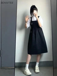 Sleeveless Dress Women Heart Printed Strap Empire Kawaii Preppy Style Girlish Streetwear Holiday Ulzzang Retro Design Vestidos