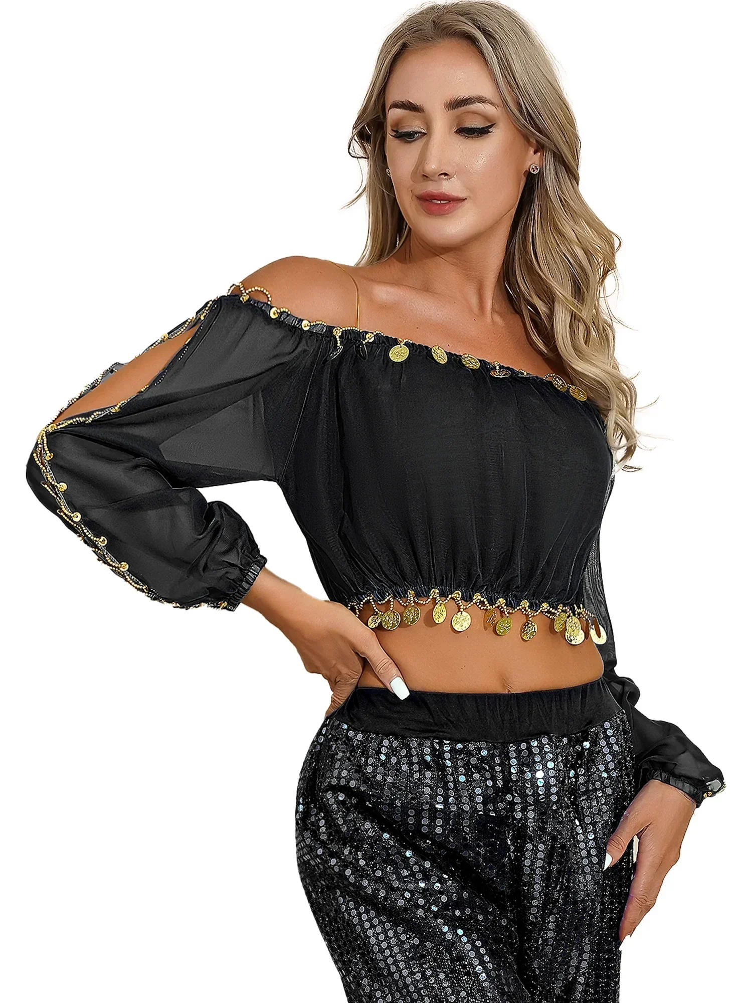 

Womens Belly Dance Crop Tops Ballerina Costume Top with Coins Off Shoulder Tunic Shirts Short Belly Crop Top Belly Dance Outfits