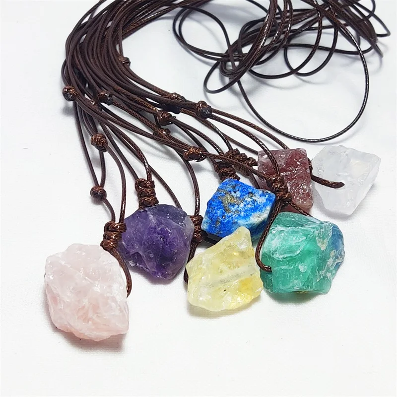 

15pcs Ore Rough Stone Pendant Adjustable Braided Rope Chain Amethysts Agates Raw Healing Crystal Necklaces Hip Hop Jewelry