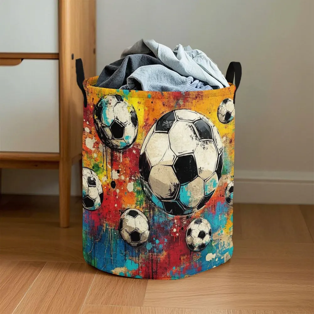 Bohemian Style Football Print Laundry Hamper with Handle Vibrant Soccer Ball Design Durable Polyester Compact Spacious