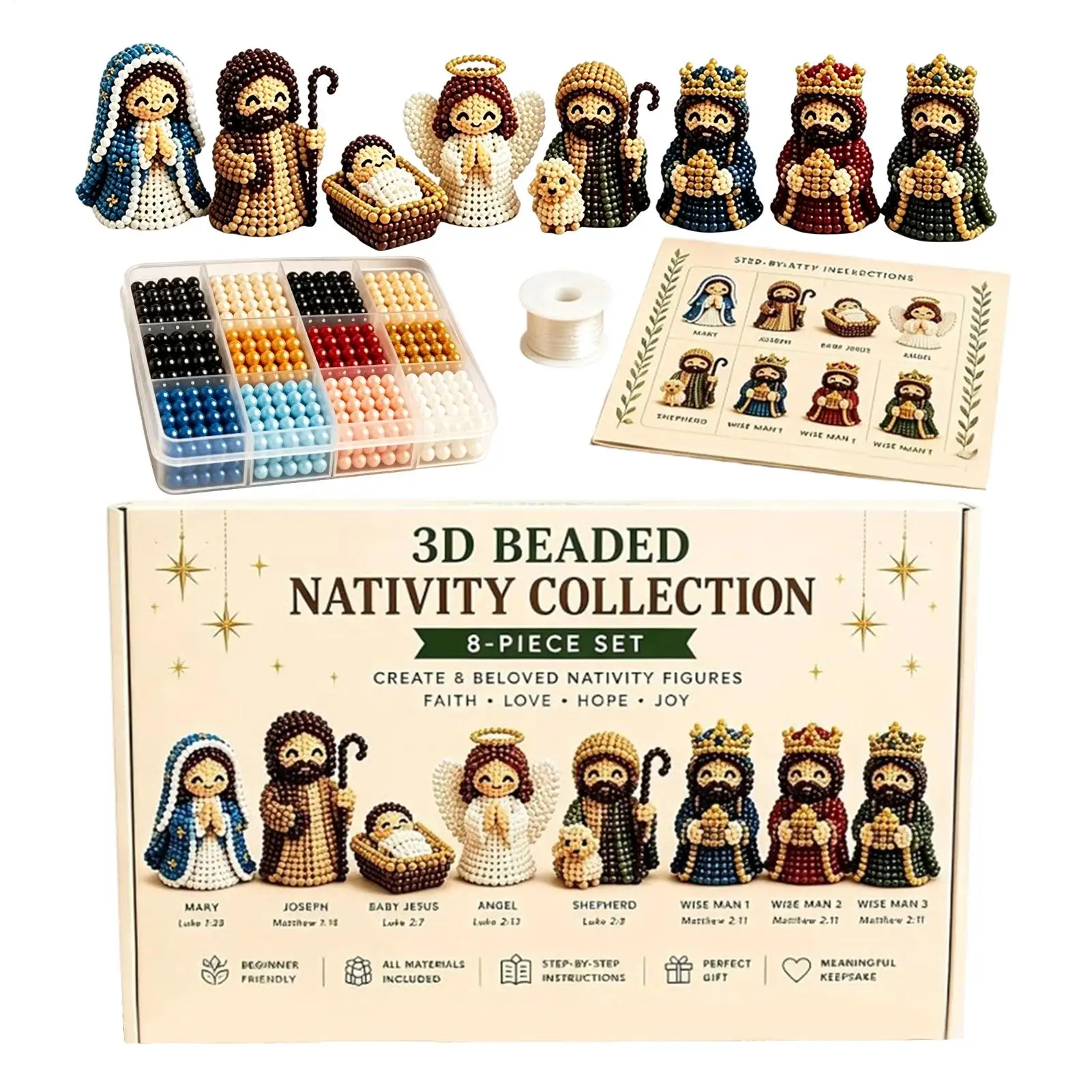 1set Nativity Bead Craft Kit 3D Beaded Craft Figurines Decor Beading Christmas Figures Kit for Men Women Adults Dad Wife Husband