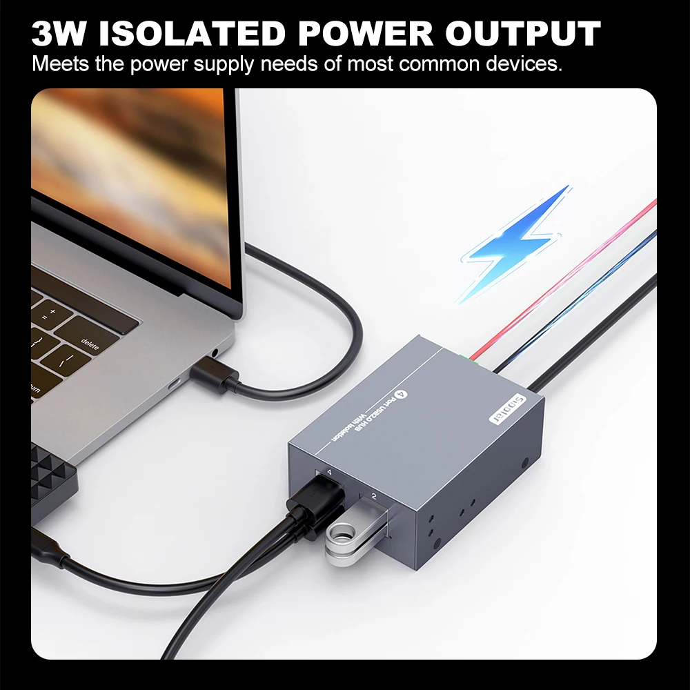 Sipolar Stock AT-4A20M3 Metal DIN Rail 4-Port USB 2.0 480Mbps Isolated Hub -25~80C Lab Use