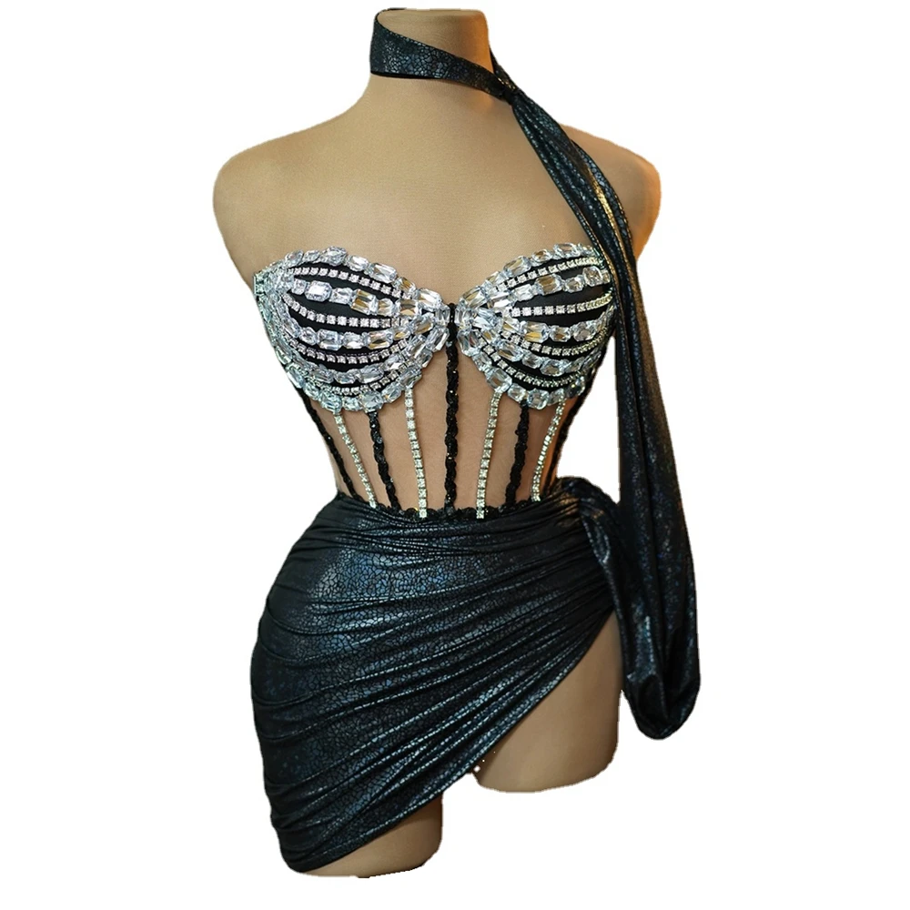 

Sexy Tube Bandage Short Dress 2 Pieces Set Women Sparkly Rhinestones Dinner Evening Prom Celebrate Birthday Photography Dress