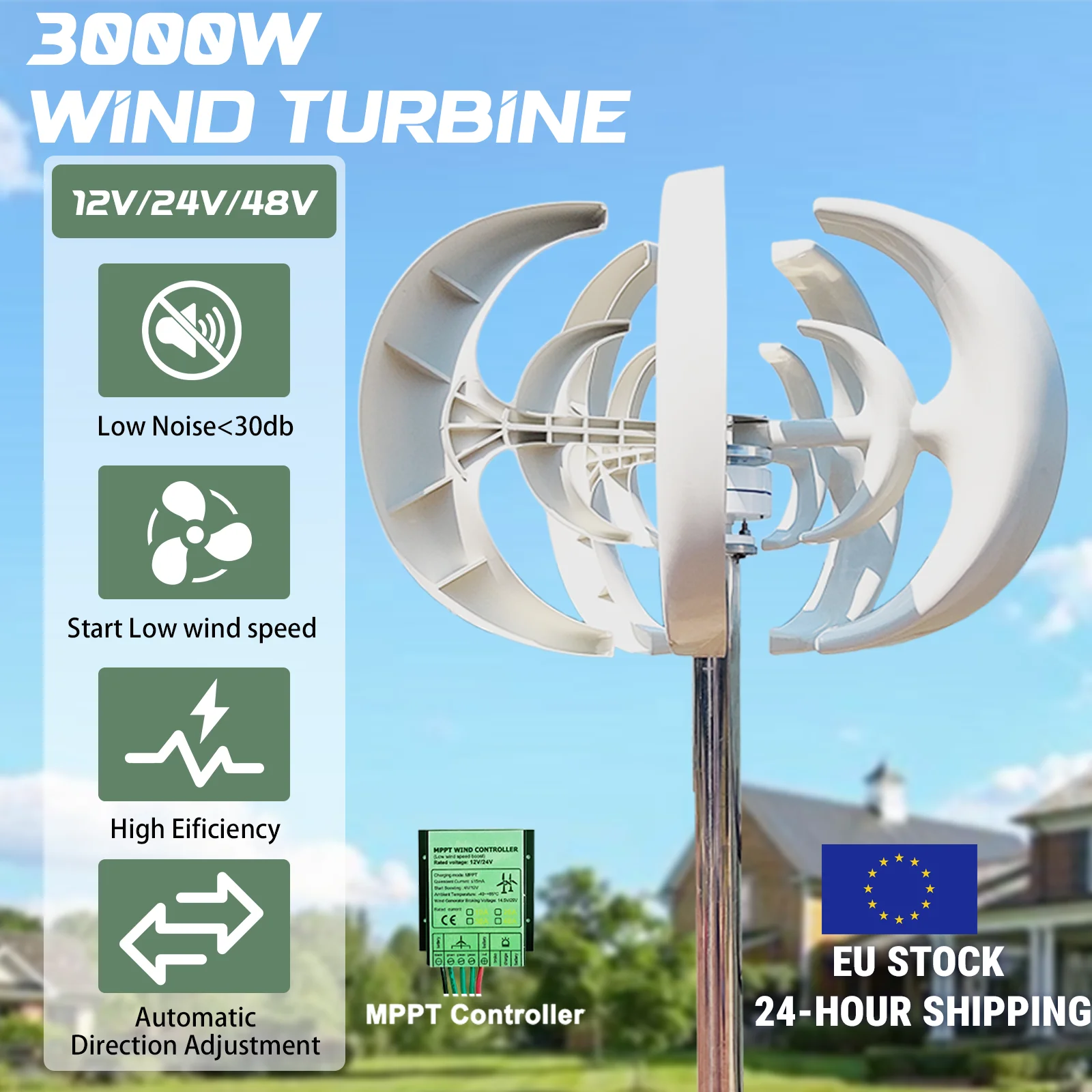 Poland 3000W 12V 24V 48V Warehouse Vertical Wind Turbine Generator Lantern Low-Noise Off-Grid System Combine with Photovoltaic Home Energy Storage System Fast Delivery