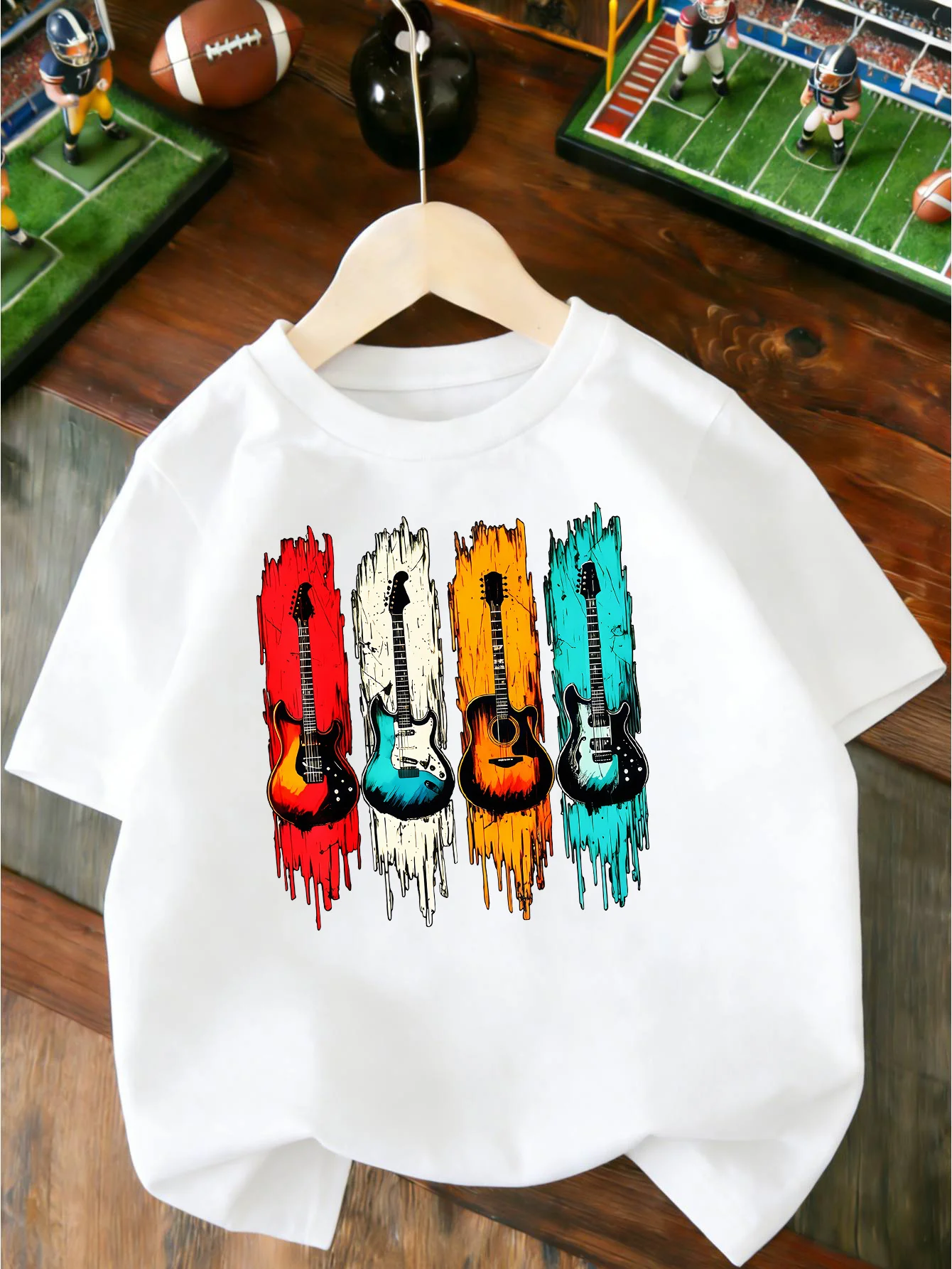 Vintage Colorful Four Guitars Music Art Print T Shirt Boys Girls Lovely Short Sleeve Tee Family Matching Kids Cotton Tops