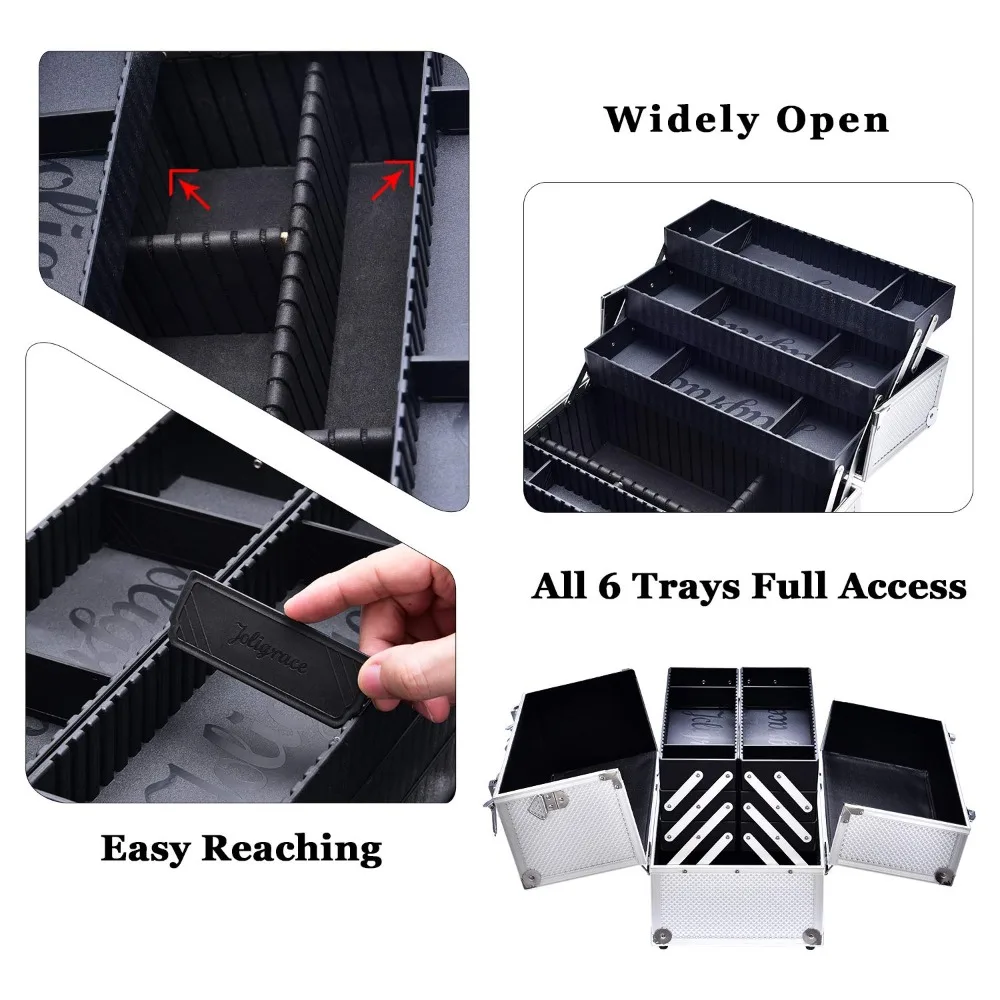 Extra Large Makeup Train Case 6 Tray Lockable Cosmetic Organizer with Adjustable Dividers & Shoulder Strap - Silver view 4