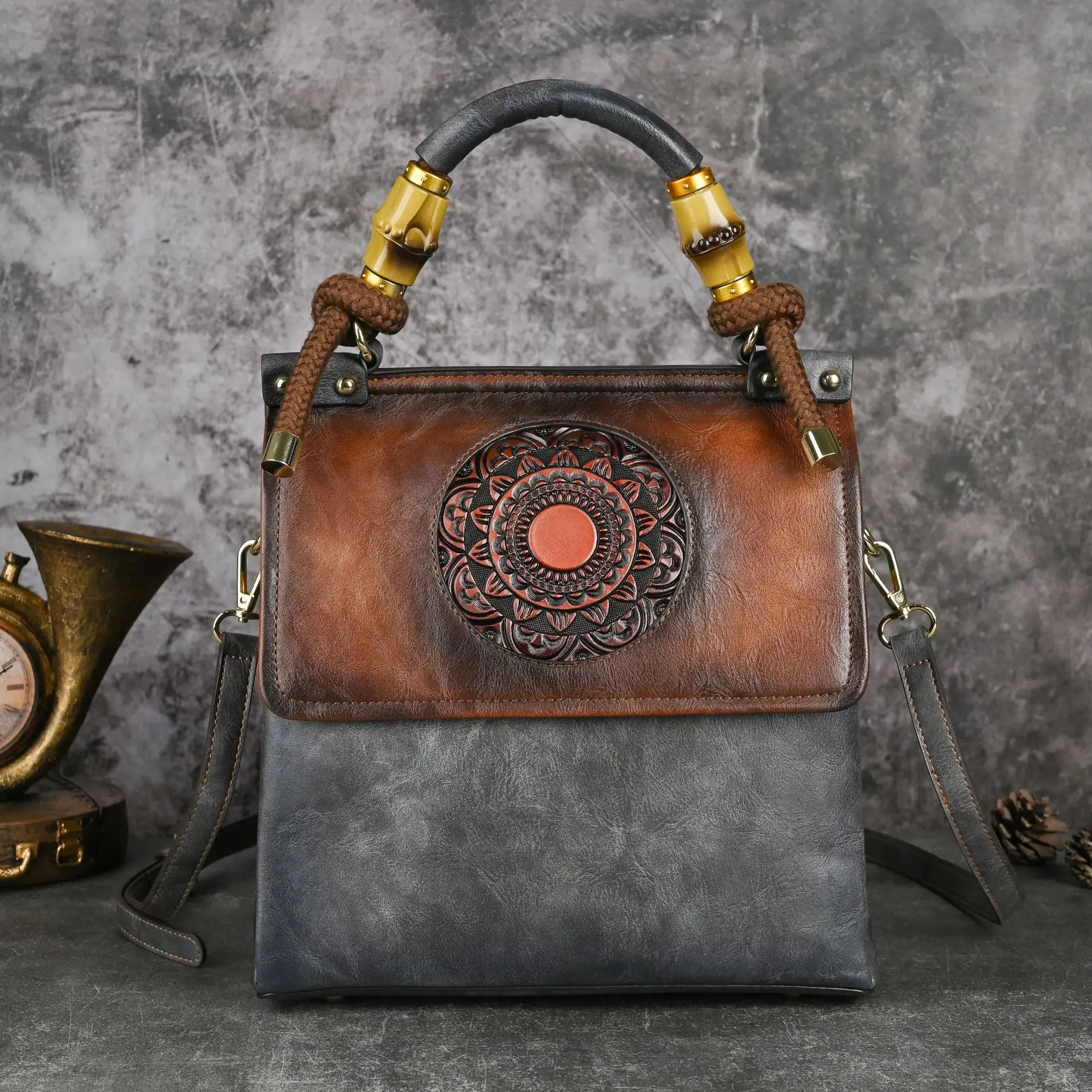 

Vintage Shoulder Crossbody Bags For Women Splicing Literary Embossed Handbag For Ladies Gift Purse PU Leather Women Bags