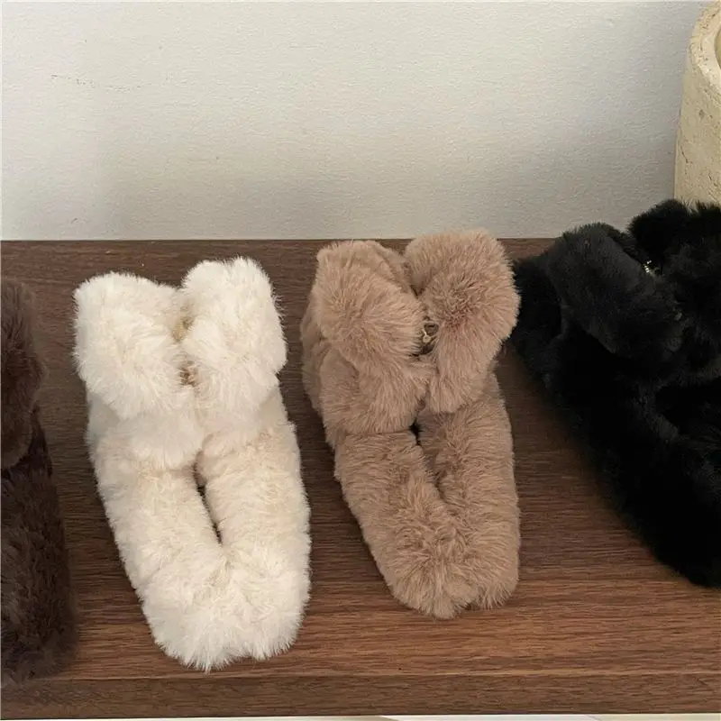 Soft Milk Coffee Color Series Imitation Fur Rabbit Fur Back Head Updo Hair Claw Warm Large Plush Shark Clip Barrettes Hair Claws