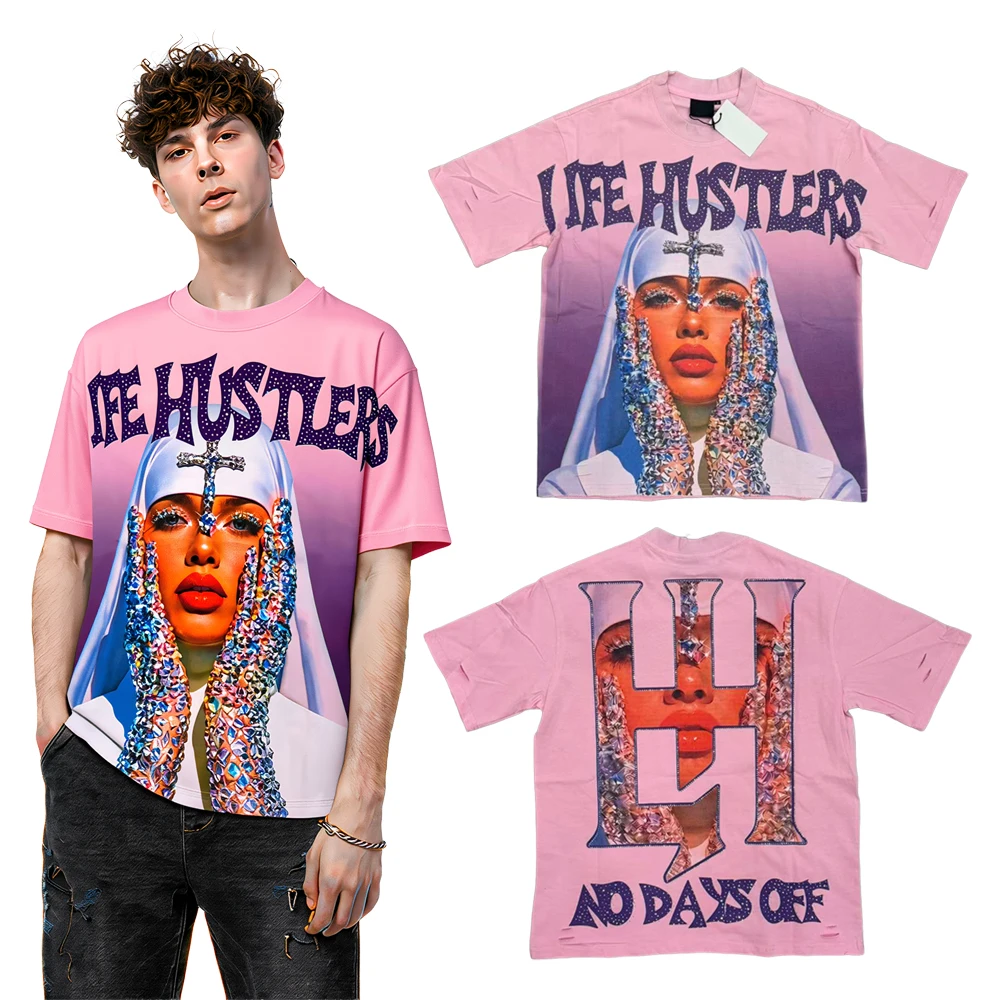 American Streetwear Digital Print Stars Graphic T Shirts with Rhinestones Street Style Cotton Oversized Casual Short Sleeve Tees