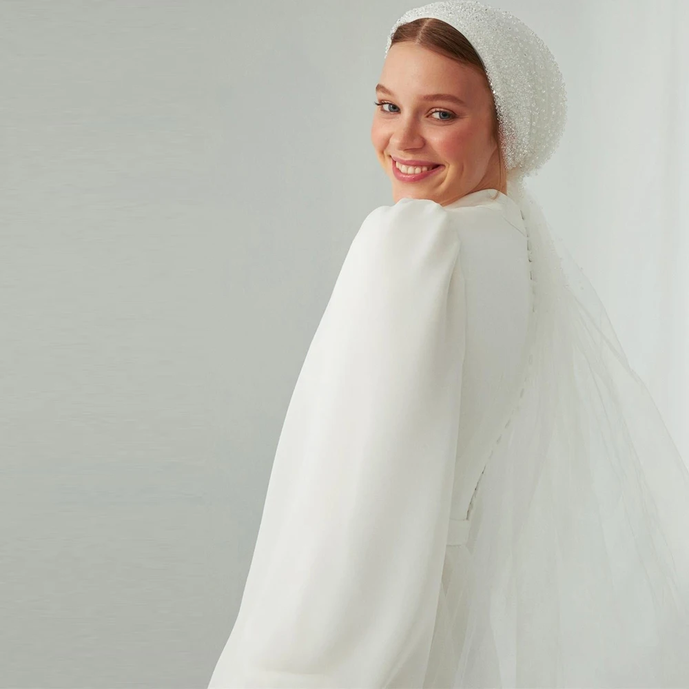 YCJ Gaun Pengantin Lengan Puff Muslim A Line Kerah Tinggi Gaun Pengantin Ritsleting Tulle Disesuaikan Pesta Pernikahan Vestido De Novia