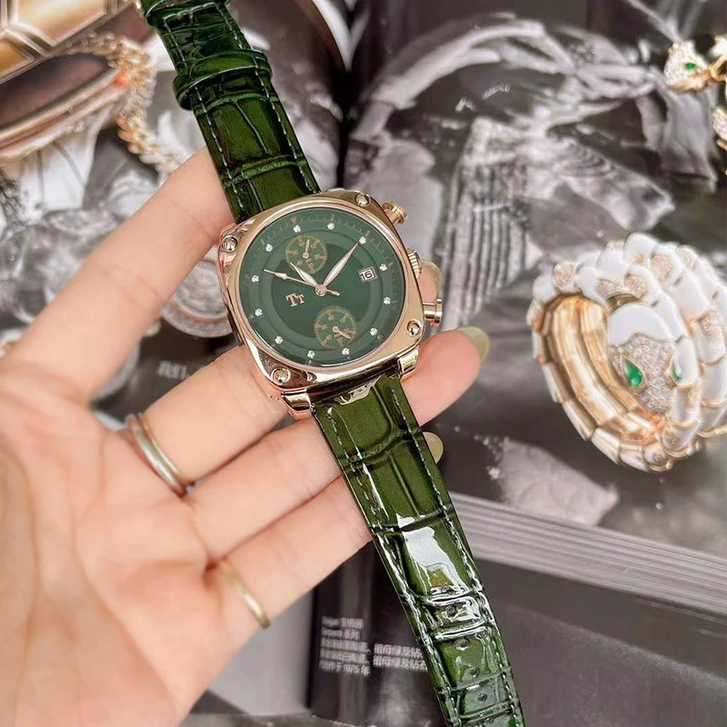 New Luxury Trendy Women'S Watch, Green Fashion Large Dial Square Leather Strap Watch, Light Luxury Casual Student Watch.