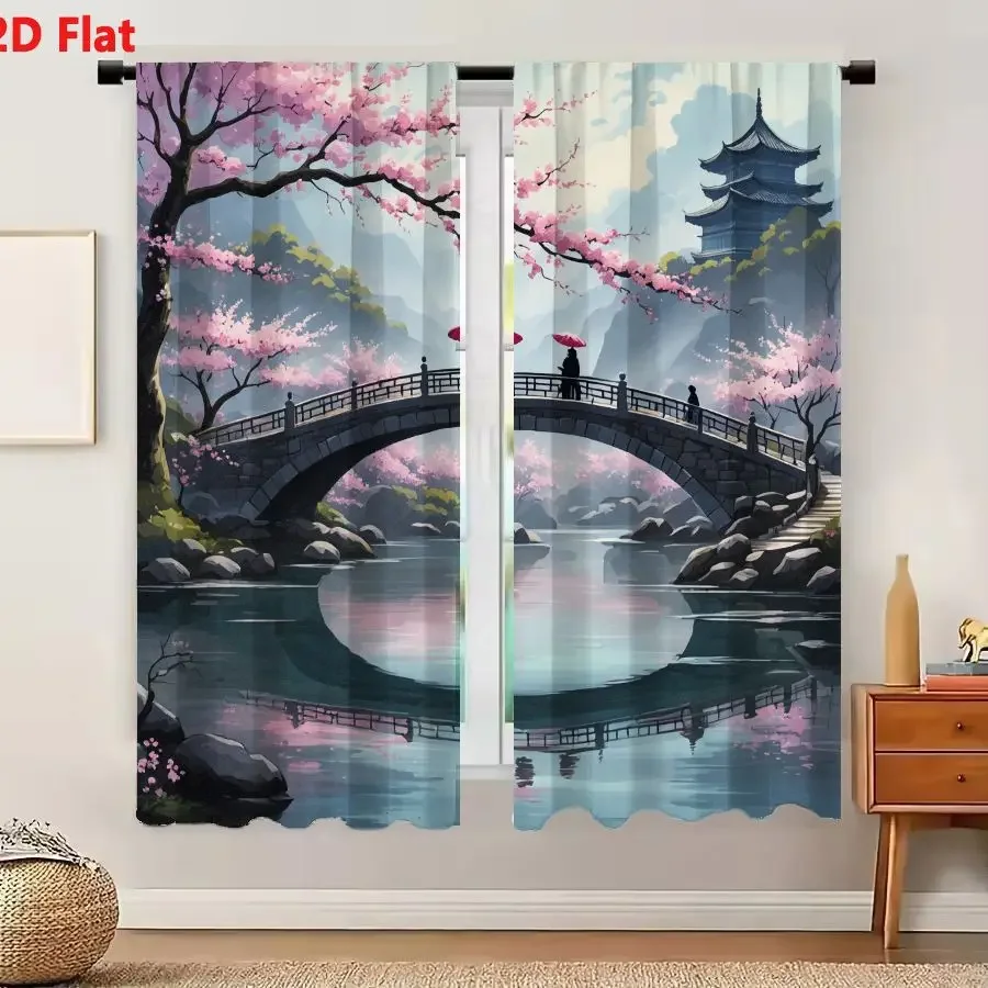 Beautiful Pink Cherry Blossom Bridge Landscape Curtain for Living Room Home Decor Window Treatment