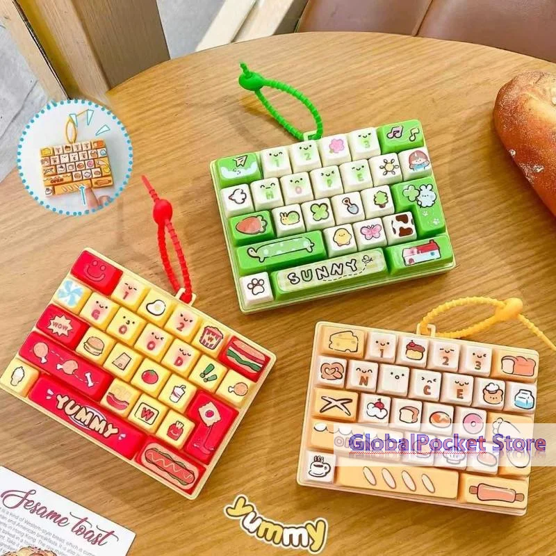 [TG823]Stress Relief Food Themed Keyboard Keychain 26 Keys Decompression Buttons Toy Model Pendants Bag Ornaments