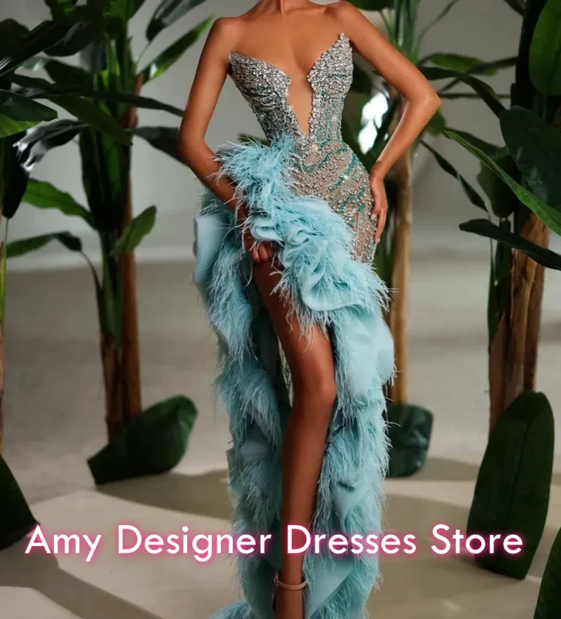 Robe de soirée de forme sirène, tenue de soirée de luxe, perles, col en V, paillettes, plumes, fendue, volants en cascade, personnalisée, 2026