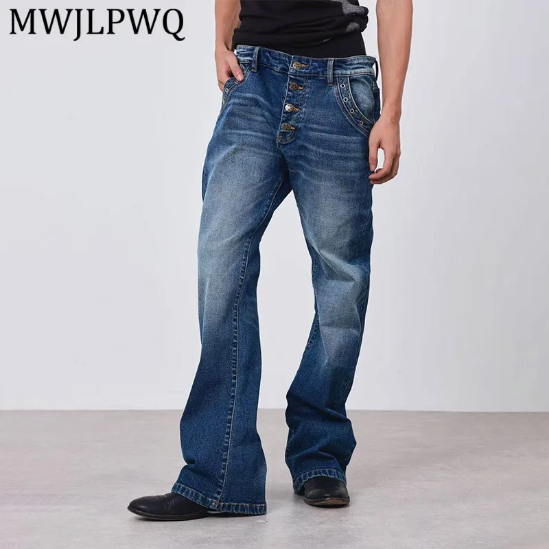 

MWJLPWQ Washed Distressed Basic Versatile Blue Jeans Men's High Street Button Deisgn Hiphop Spring Autumn Slim Trousers 14683