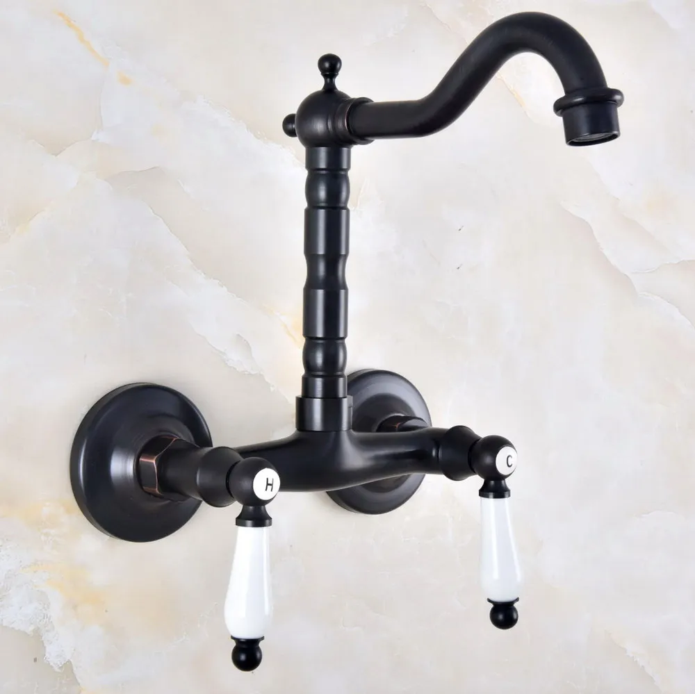 

Dual Handle Duals Hole Wall Mount Basin Faucet Oil Rubbed Bronze Bathroom Vanity Faucets Kitchen Sink Cold Hot Water Taps Dnf836