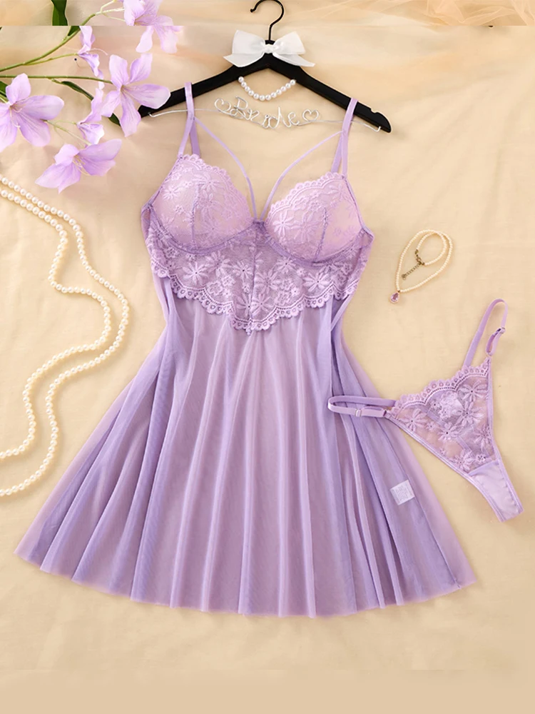 Light Purple Lace Nightdress Romantic Women's Pajamas Sheer Mesh V-Neck Slip Nightgown Summer Sleeveless Home Dress Sleepwear