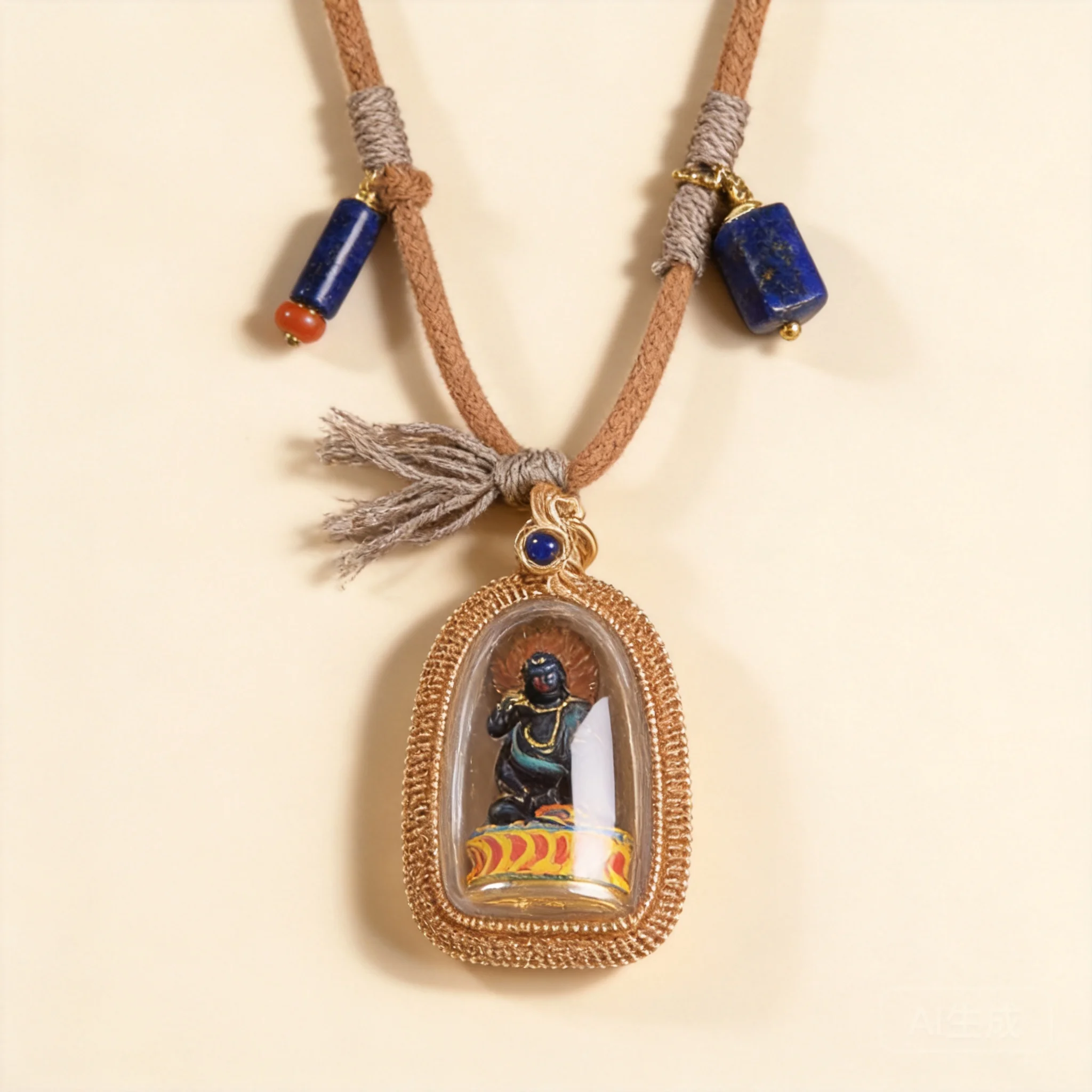 Chinese Style Tibetan Lucky Talisman Pendant Necklace Hand Braided Cotton Rope Lapis Lazuli Beads Painted Thangka Fortune Blessi