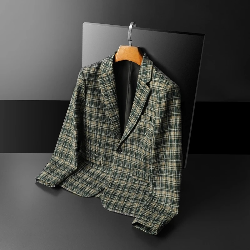 PFHQ 2024 Slim Fit Men's Suit Jacket Plaid Design Contrast Color Long Sleeve Single Breast Casual Male Tops Fashion