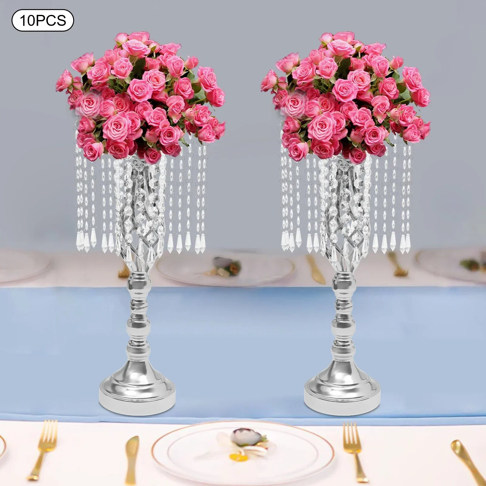 10 قطع زهور كريستال فضية مقاس 19.3 بوصة - قطع مركزية لحفلات الزفاف، مزهريات أكريليك حديدية لديكور المنزل وحفلات عيد الميلاد