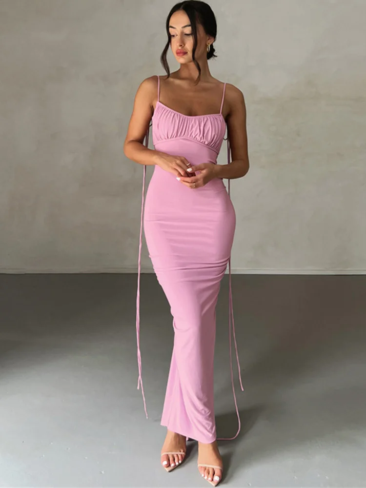 Elegant Concise Maxi Dresses Women Fashion Solid Lengthen Straped Backless Ruched Bodycon Evening Party Female Attirewear