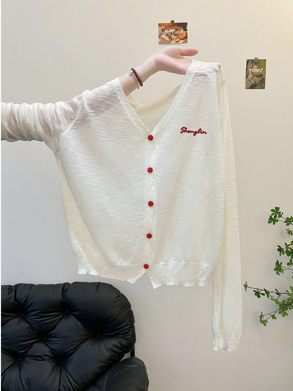Ice Silk Knitted Open Cardigan Thin Beautiful Top Sun Protection Air Conditioning Design White V-neck Long Sleeve T-shirt Wom...