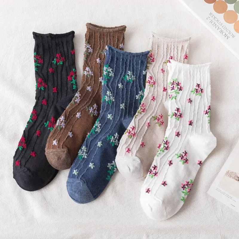 Korean Fashion News Floral Print Women\'s Socks Harajuku Vintage Streetwear Crew Socks Japanese Kawaii Cute Cotton Long Sock