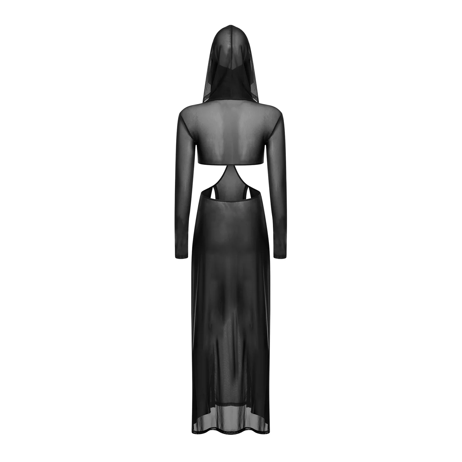 Vrouwen pure jurk met capuchon gezichtsmasker maxi hoge split sexy mesh jurk lange mouwen uitgehold pure jurk cover-up badmode