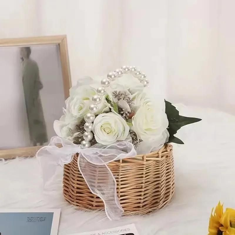 One wicker rattan flower child Basket with Pearl handle and bow Hand woven Easter basket Wicker basket for Weddings