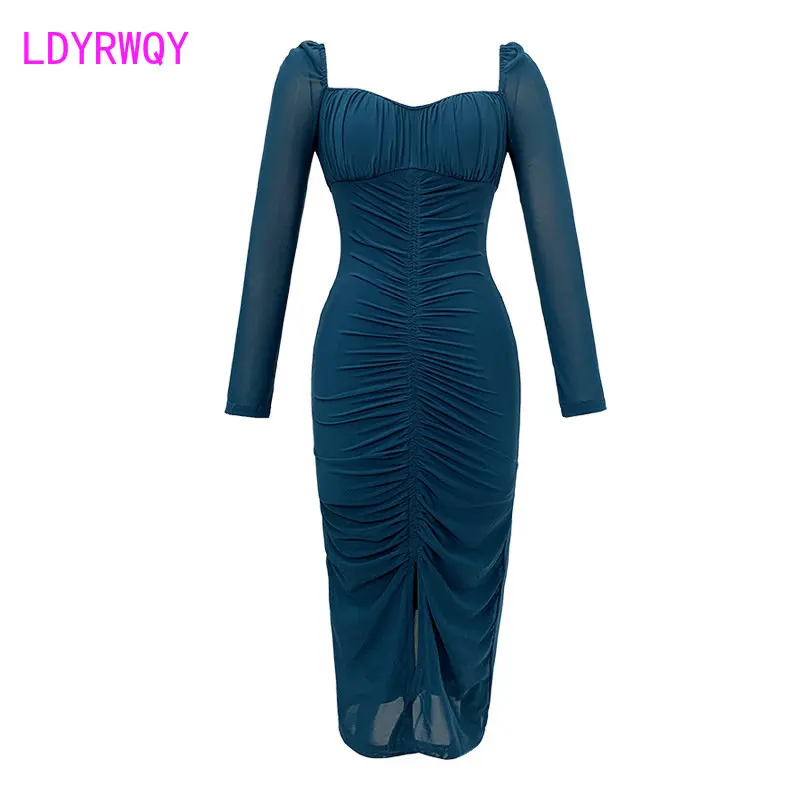 Autumn and Winter 2022 New Women's Sexy Mesh Pleated Slim Long Sleeve Dress French Hip Wrap