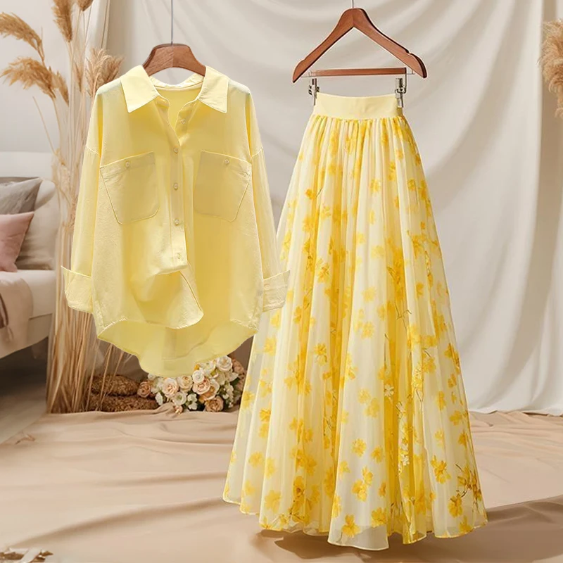 Yellow Shirt And Floral  Skirt Two-Piece Set Women's High Waist Midi Skirt Slimming Effect Autumn Fashion Casual Style