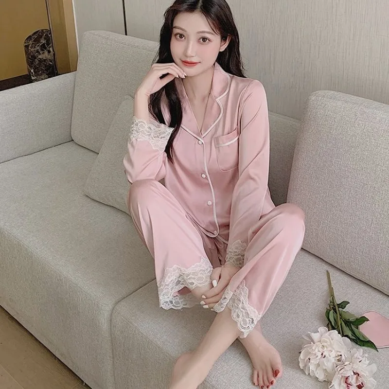 Spring Autumn New Ice Silk Soft Pajama Sets for Women Lace Lapel Cardigan Outfits for Women 2 Piece Set Sweet Pink Women Pajama