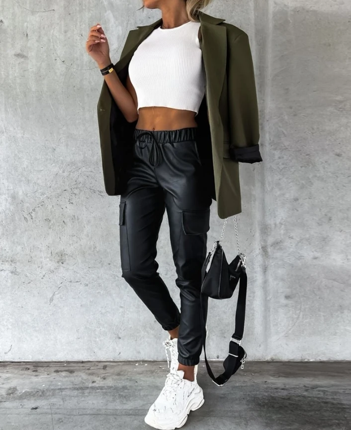 

Women Versatile Pants 2024 Summer Latest Casual Cuffed Drawstring Pocketfit Daily Elastic Waist Pu Leather Cuffed Pants Trousers