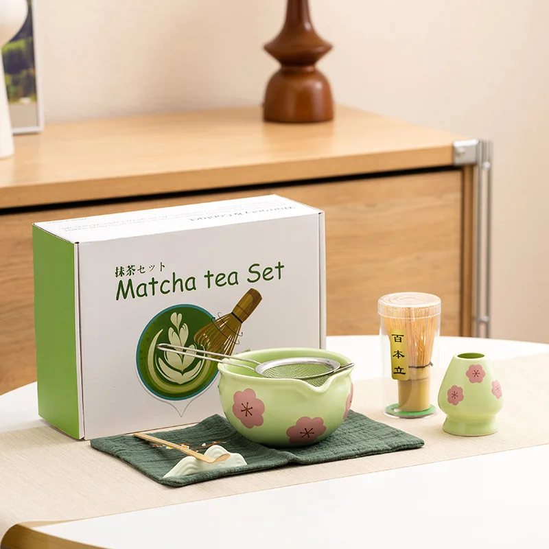 

Matcha Set 5pc Japanese Matcha Whisk Set with Tea Canister Matcha Bowl 100-Prong Whisk Tea Scoop Brush Cherry Blossom Gift Box