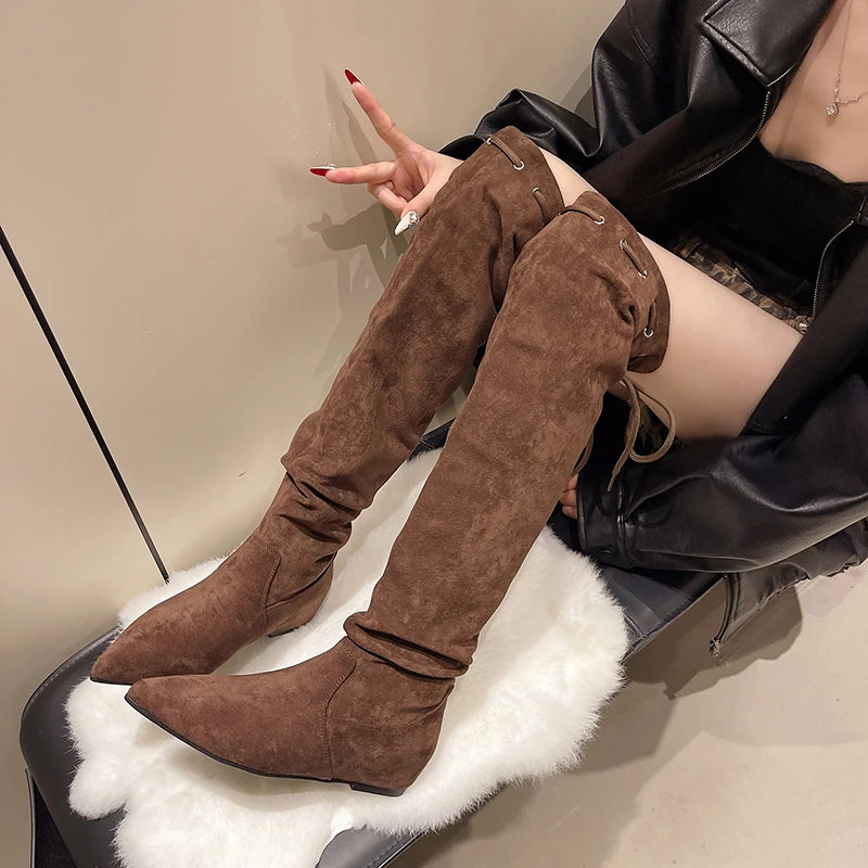 Sleeve Over Knee Boots Fashion Pointed Toe Suede Inside Heightened Anti-Slip Wear-Resistant Tall