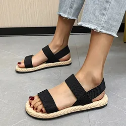 Summer Simple Sandals Solid Color Elastic Strap Open Toe Flat Bottom Outside Straw Linen Roman Shoes Plus Size Women's Sandals