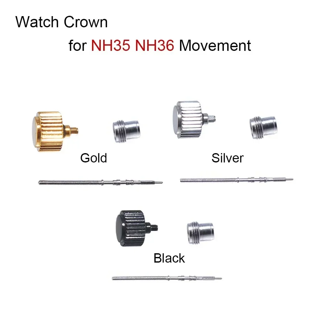 NH35 Watch Crown for NH35 NH36 Movement Repair Part Screw-in Gold/Silver/Black Color Watch Crowns with Winding Stem Accessories