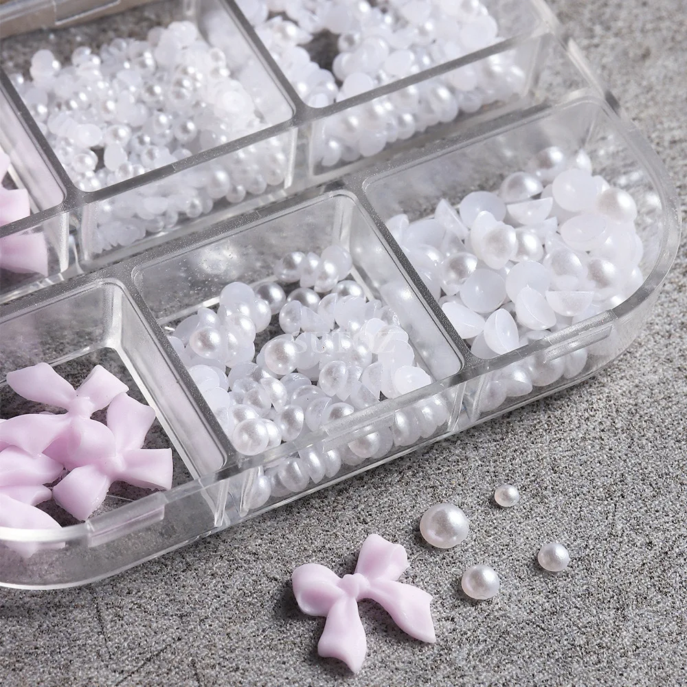 1 scatola Kawaii Mini Bow 3D Cute Nail Art Decorazioni Perle bianche Unghie Charms Disegni Fai da te Rosa Bowknot Accessori per unghie in resina