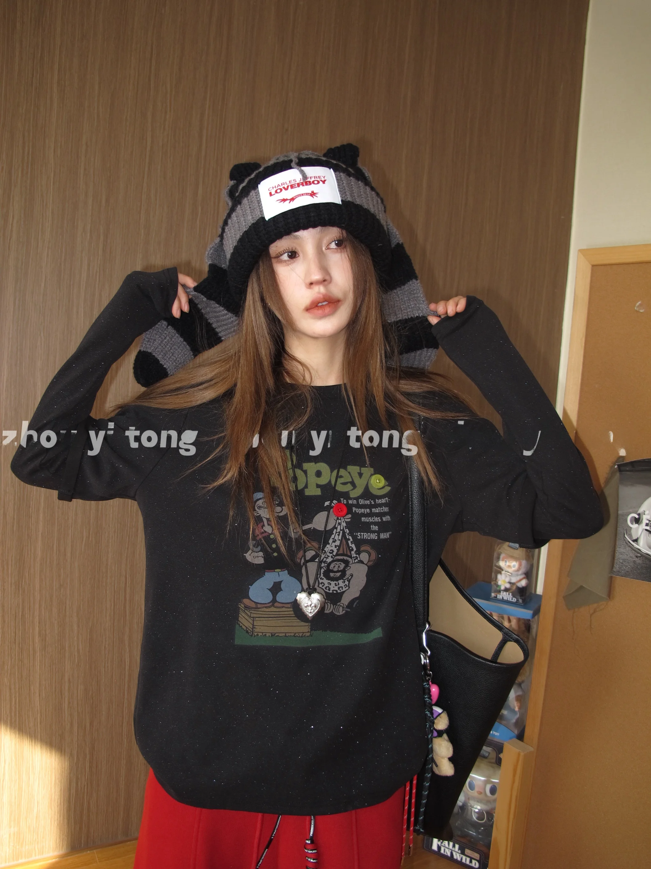 

Серебристый свитер с принтом и вставками, повседневный, свободного кроя, женский, с эффектом двухслойности, из смесового хлопка, с длинными рукавами, круглый вырез, топ