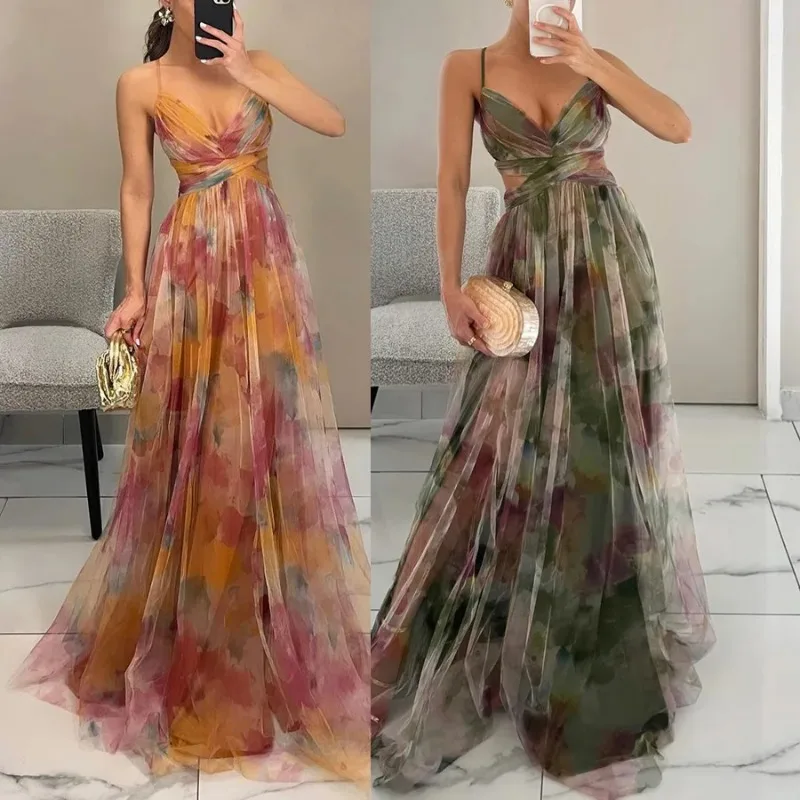 Sexy Hollow Out Party Dress, Women Summer Loungewear Fashion Printing Maxi Dress, Sleeveless Lace-Up Ladies Dress Vestido