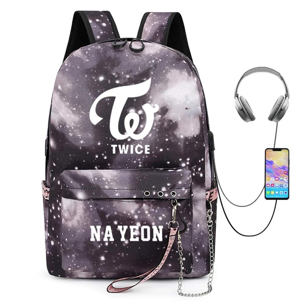 Kpop dwa razy plecak Mochila USB ładowanie szkolna torba na laptopa o dużej pojemności podróżny plecak studencki NaYeon Merchandise